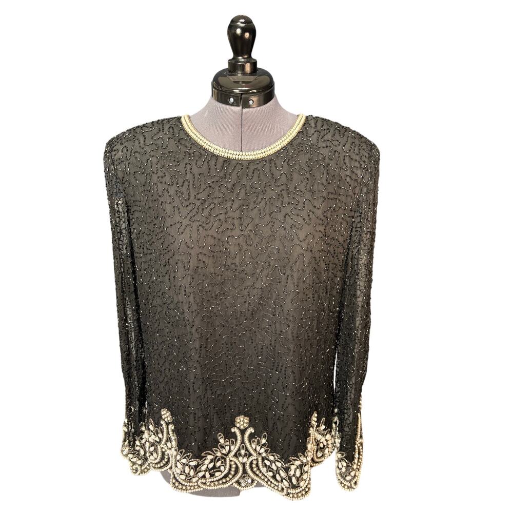 VTG Laurence Kazar Beaded Silk Top Black Pearl Sequin Evening Blouse Art Deco